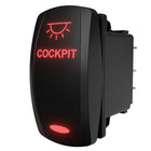 Rear-right view of Carling cockpit rocker switch with glowing "COCKPIT" legend and exposed rear terminals