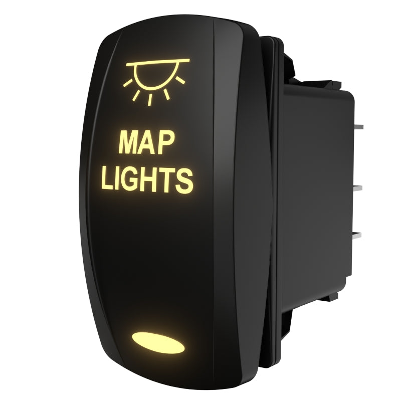 Angled right-side view of illuminated Carling map light rocker switch showing rear housing and terminals.