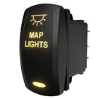 Angled right-side view of illuminated Carling map light rocker switch showing rear housing and terminals.