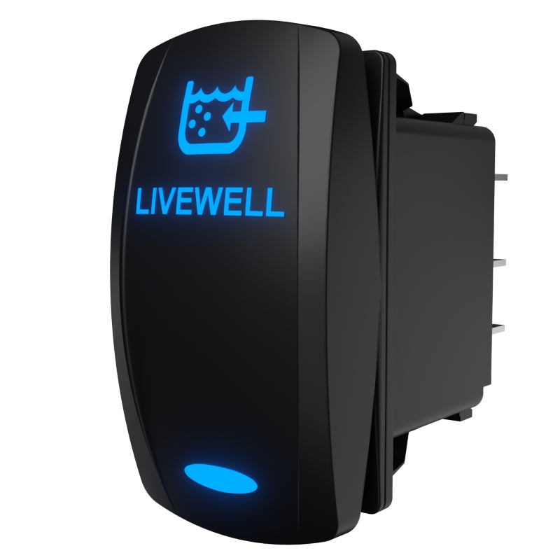 LIVEWELL backlit rocker switch angled to show illuminated legend and rear electrical terminals