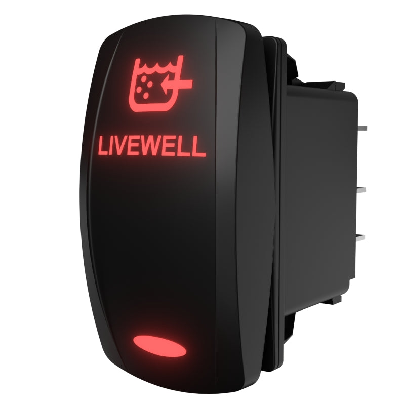 Carling LIVEWELL illuminated rocker switch, angled side/rear view showing red icon and exposed terminals