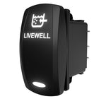 Angled side/rear view of illuminated LIVEWELL rocker switch showing water icon and rear spade terminals