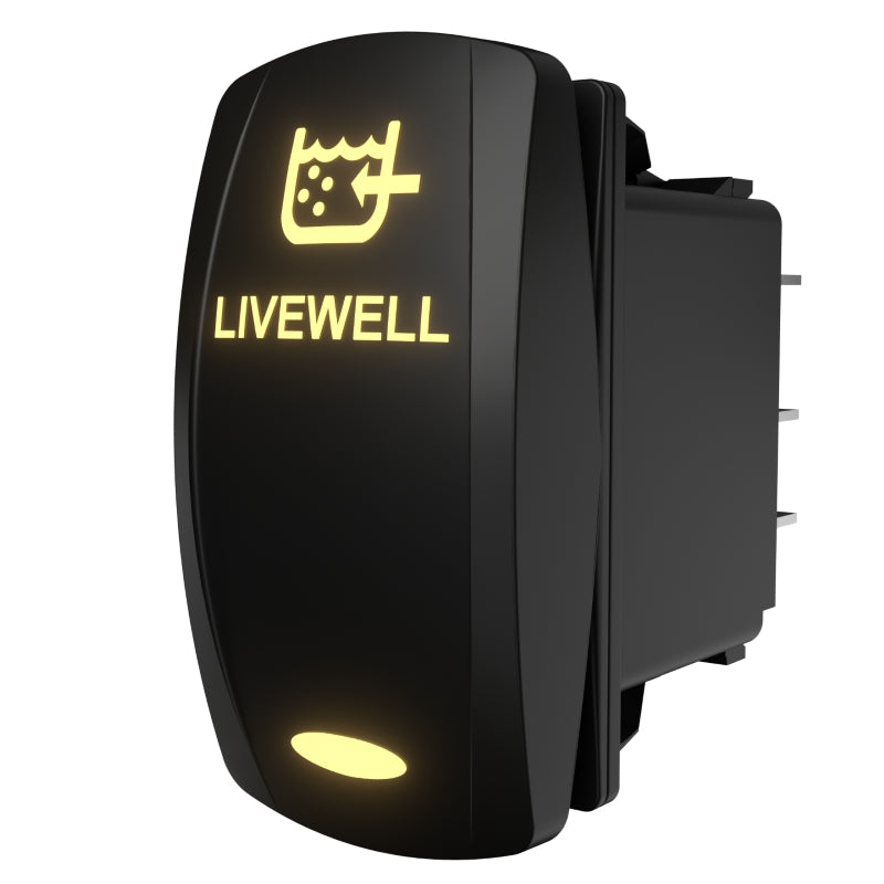 Illuminated Livewell rocker switch at a front-left angle, showing glowing legend and exposed rear connector pins