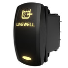 Illuminated Livewell rocker switch at a front-left angle, showing glowing legend and exposed rear connector pins