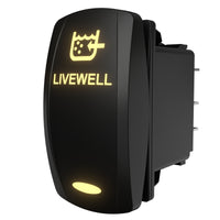 Illuminated Livewell rocker switch at a front-left angle, showing glowing legend and exposed rear connector pins