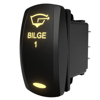 Carling BILGE 1 illuminated rocker switch, angled right-side view showing legend and rear spade terminals