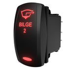 BILGE 2 rocker switch, angled side/rear view showing illuminated red legend and rear connector pins.