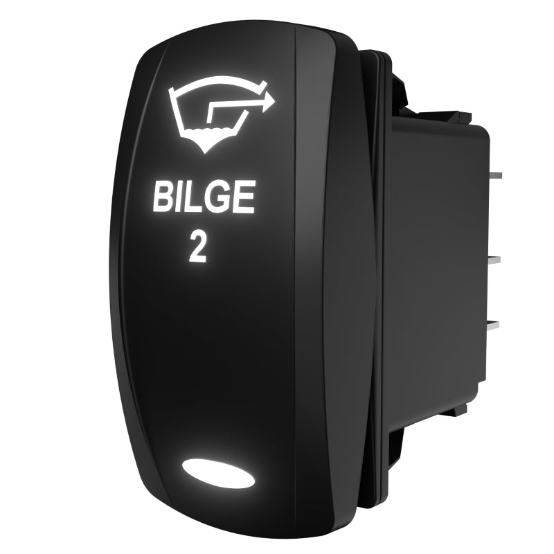 Bilge 2 rocker switch, front-right view showing illuminated legend "BILGE 2" and rear spade connectors.