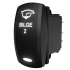 Bilge 2 rocker switch, front-right view showing illuminated legend "BILGE 2" and rear spade connectors.