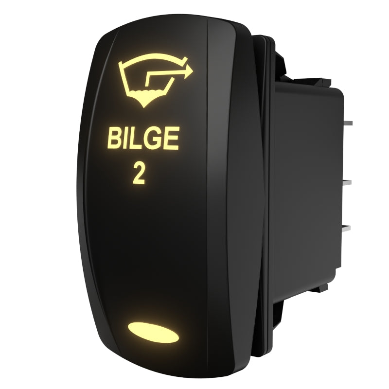 Angled side-rear view of BILGE 2 rocker switch showing illuminated legend and rear connector pins
