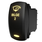 Angled side-rear view of BILGE 2 rocker switch showing illuminated legend and rear connector pins