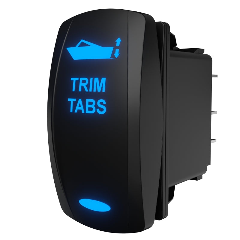 Carling Technologies trim tabs rocker switch, angled side/rear view with blue backlight and rear terminals.
