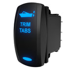 Carling Technologies trim tabs rocker switch, angled side/rear view with blue backlight and rear terminals.