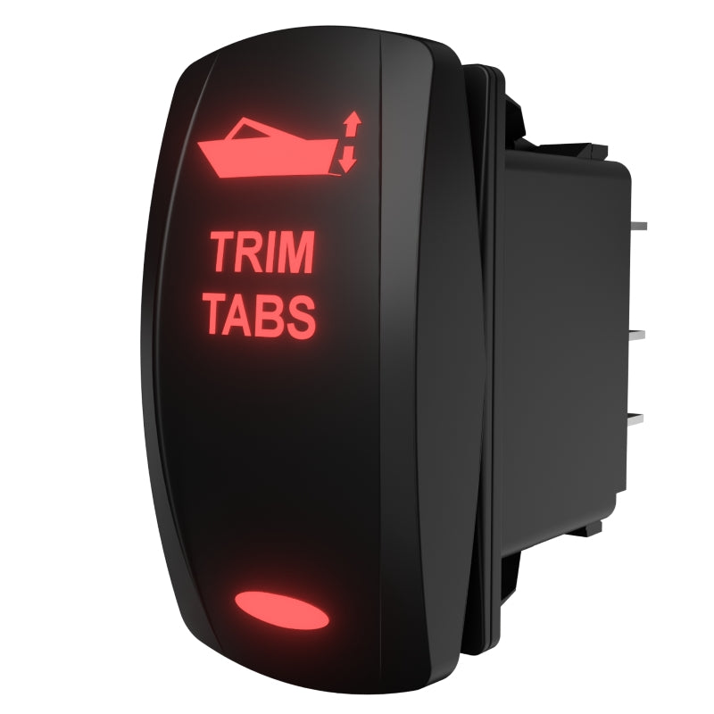 Rocker trim-tabs switch with illuminated TRIM TABS label and boat icon; spade connectors and housing at right.