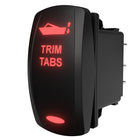 Rocker trim-tabs switch with illuminated TRIM TABS label and boat icon; spade connectors and housing at right.