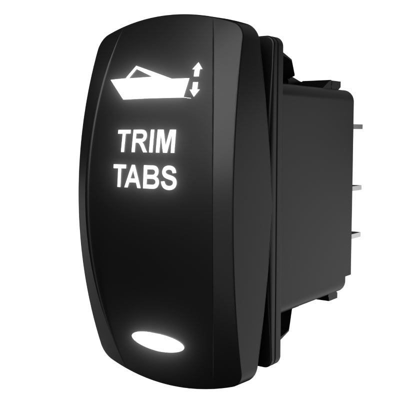 Illuminated rocker switch labeled 'TRIM TABS' showing front legend and visible side/rear connector pins