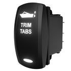 Illuminated rocker switch labeled 'TRIM TABS' showing front legend and visible side/rear connector pins