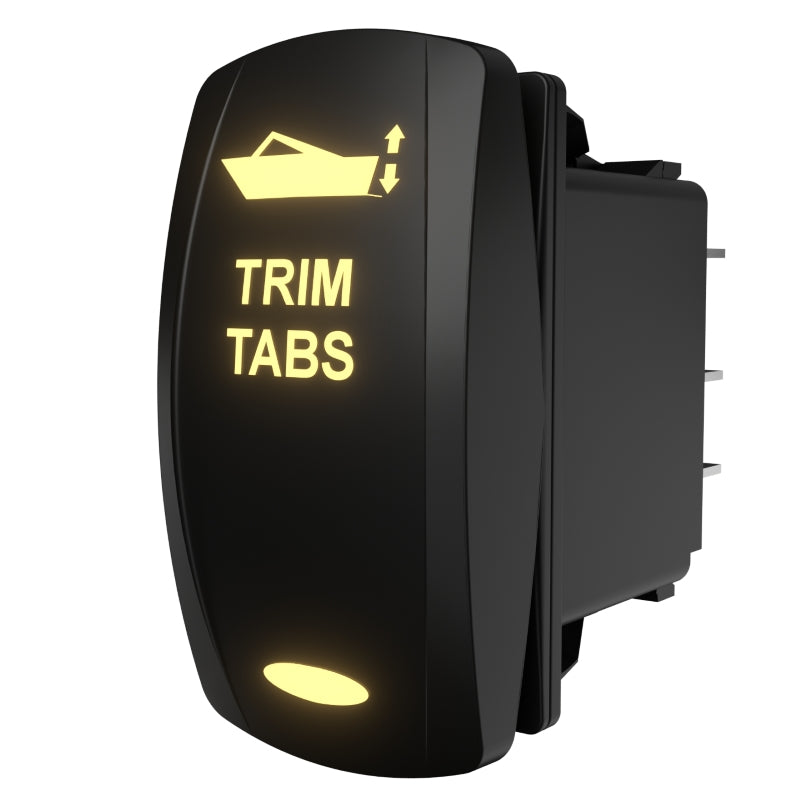 Trim tab rocker switch angled view with illuminated TRIM TABS icon and rear connector pins visible