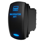 Angled front-right view of Macerator Aft switch with blue backlit label and exposed spade terminals