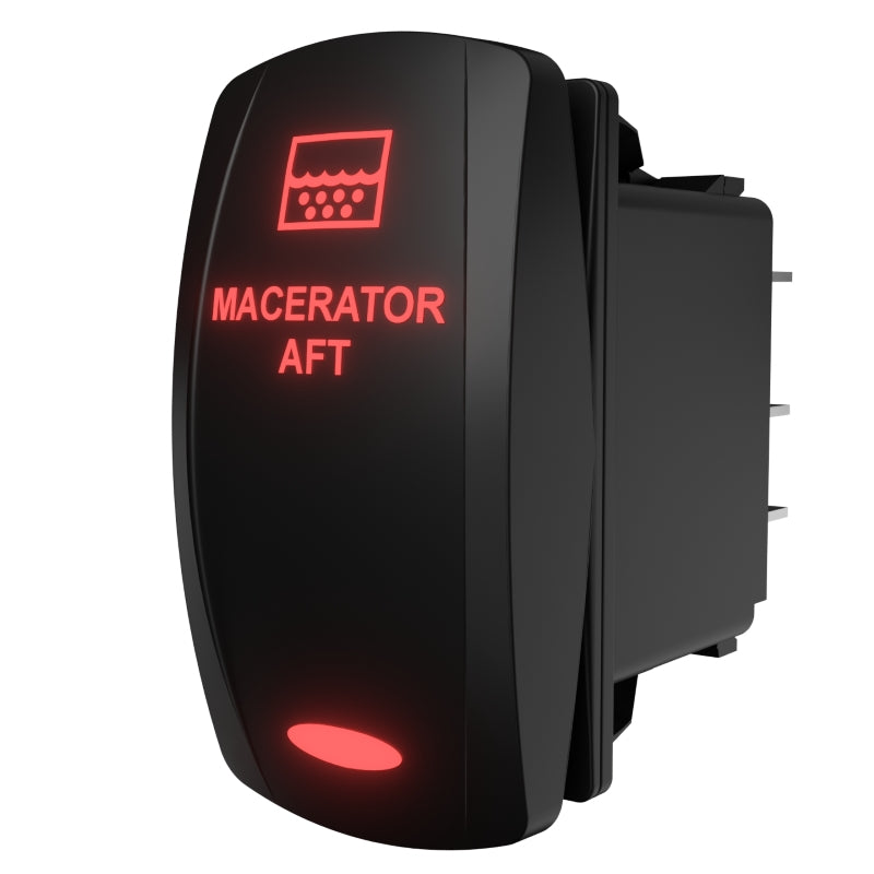 Carling Macerator Aft rocker switch, angled front with red illuminated legend and visible rear spade terminals