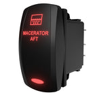Carling Macerator Aft rocker switch, angled front with red illuminated legend and visible rear spade terminals