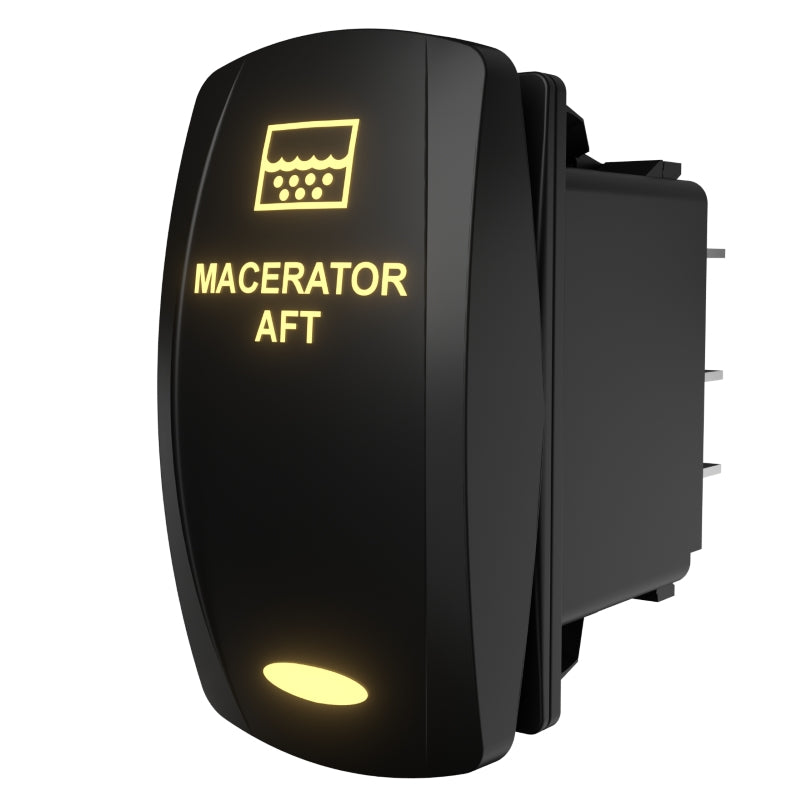 Macerator Aft illuminated rocker switch, angled rear-side view showing connector pins and mounting detail.