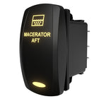 Macerator Aft illuminated rocker switch, angled rear-side view showing connector pins and mounting detail.