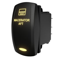 Macerator Aft illuminated rocker switch, angled rear-side view showing connector pins and mounting detail.