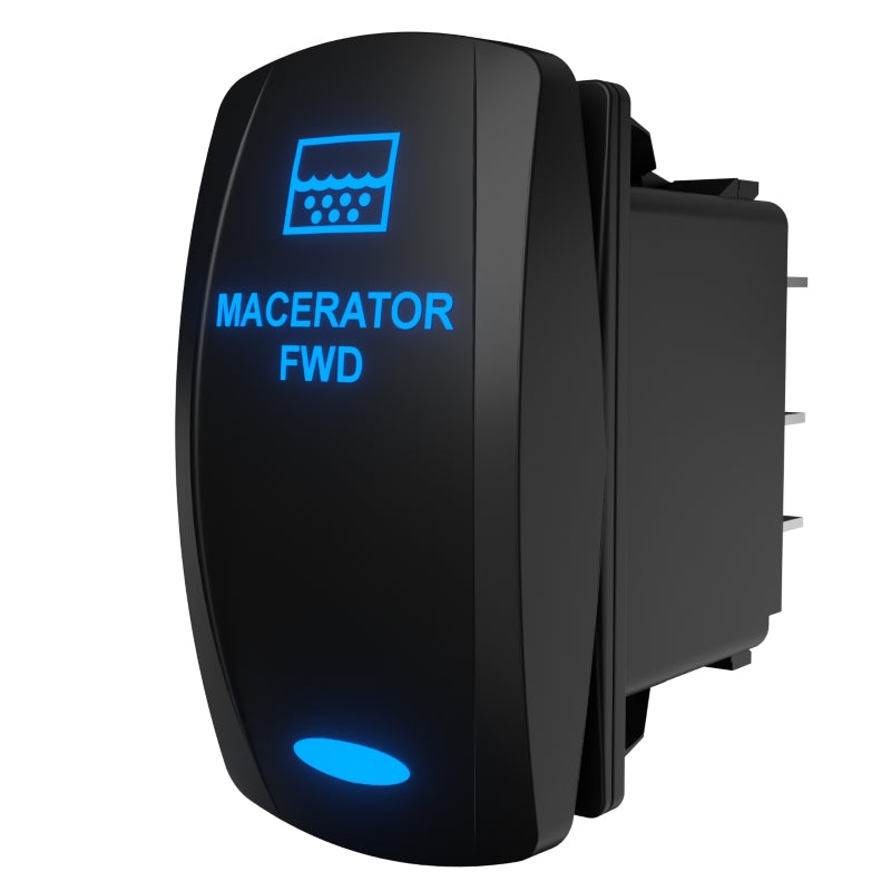 Macerator FWD illuminated rocker switch, angled front view showing blue legend and rear connector pins.