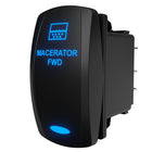 Macerator FWD illuminated rocker switch, angled front view showing blue legend and rear connector pins.