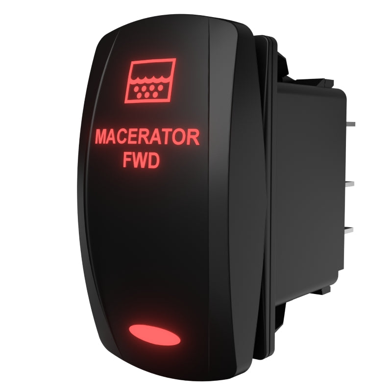 Three-quarter view of rocker switch labeled 'MACERATOR FWD' with red backlit legend and visible terminals