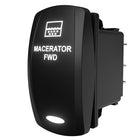 Macerator FWD illuminated rocker switch, angled side-rear view showing spade terminals and mounting clip