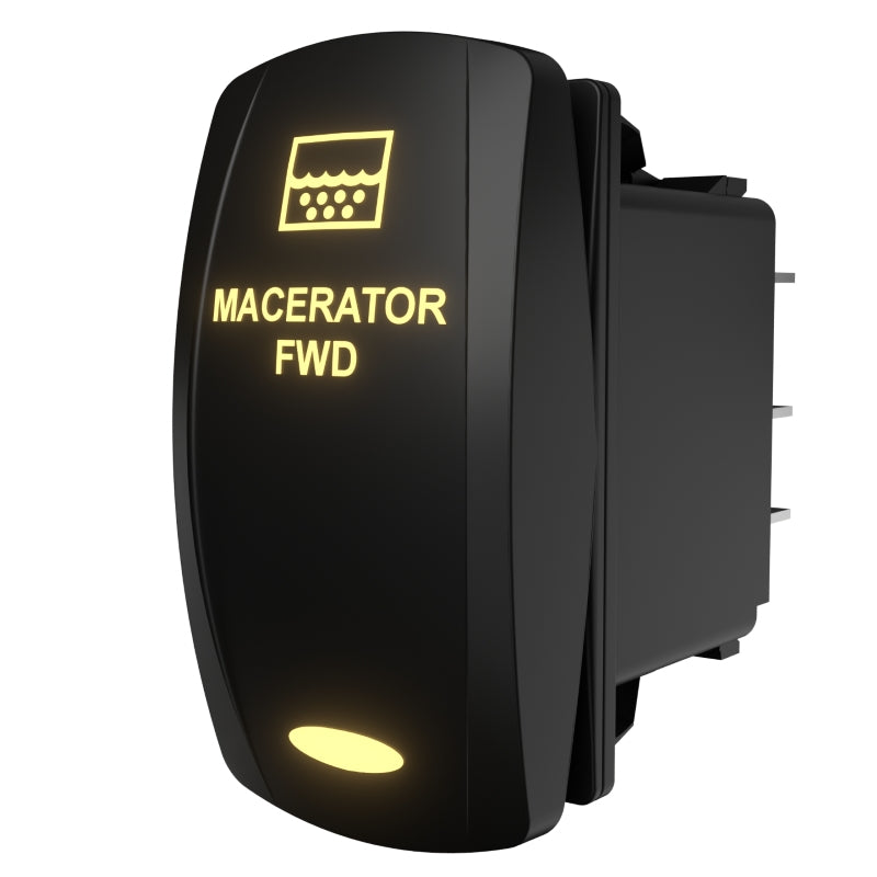Macerator FWD rocker switch, rear-side angle showing illuminated label, mounting flange and spade terminals
