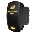 Macerator FWD rocker switch, rear-side angle showing illuminated label, mounting flange and spade terminals