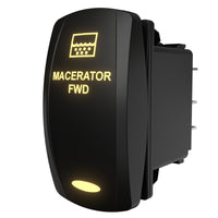 Macerator FWD rocker switch, rear-side angle showing illuminated label, mounting flange and spade terminals