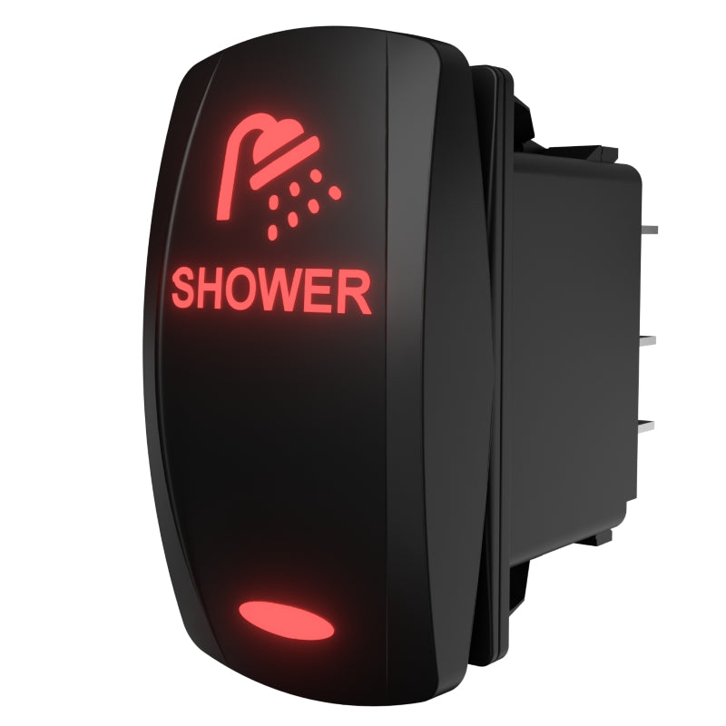 Angled rear-side view of a rocker switch labeled 'SHOWER' with red backlit icon and visible terminals