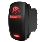 Angled rear-side view of a rocker switch labeled 'SHOWER' with red backlit icon and visible terminals