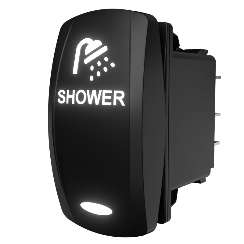 Illuminated rocker switch labeled SHOWER, three-quarter side/rear view showing housing and connector terminals