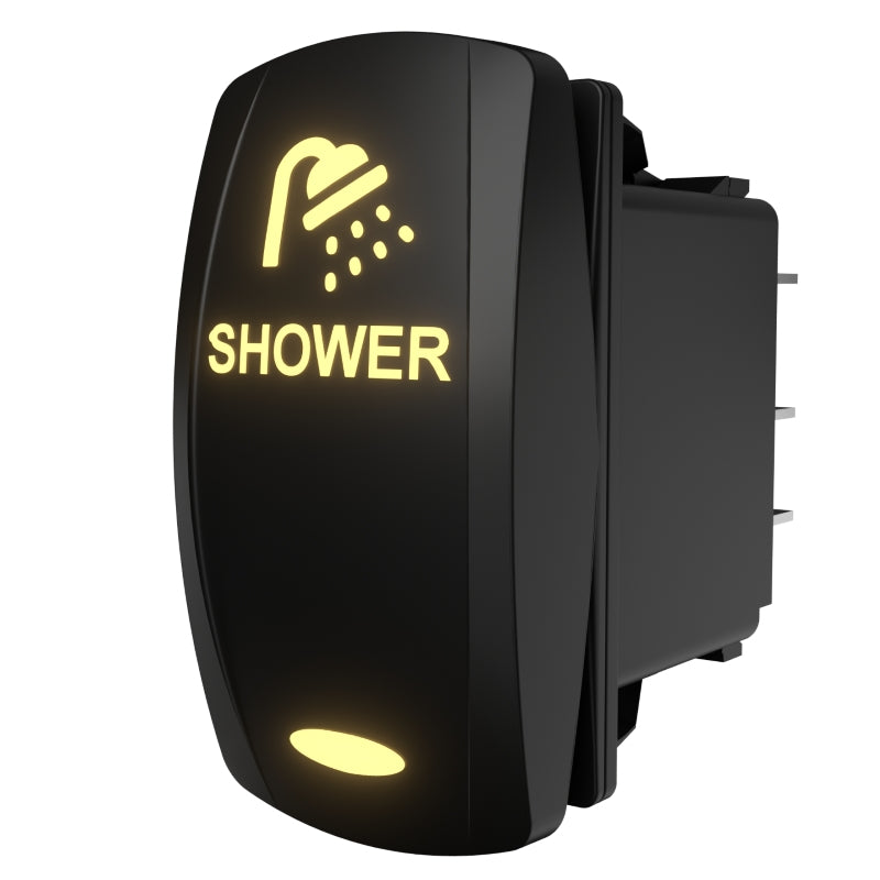 SHOWER rocker switch angled side view showing illuminated icon/label and rear spade connectors