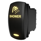 SHOWER rocker switch angled side view showing illuminated icon/label and rear spade connectors