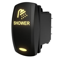 SHOWER rocker switch angled side view showing illuminated icon/label and rear spade connectors