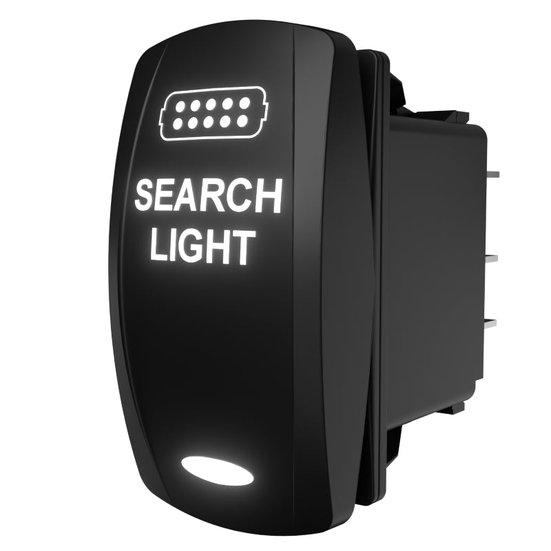 Carling SEARCH LIGHT rocker switch, angled side view showing illuminated label and rear spade terminals