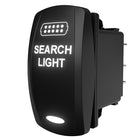 Carling SEARCH LIGHT rocker switch, angled side view showing illuminated label and rear spade terminals