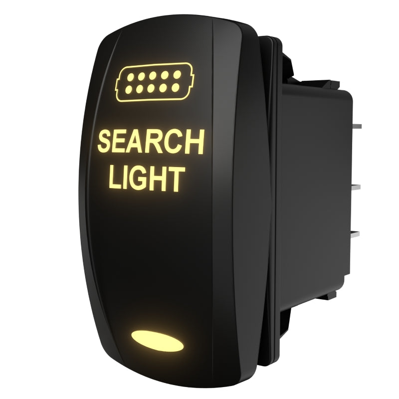 Angled front-right view of illuminated SEARCH LIGHT rocker switch showing LED legend and rear spade terminals