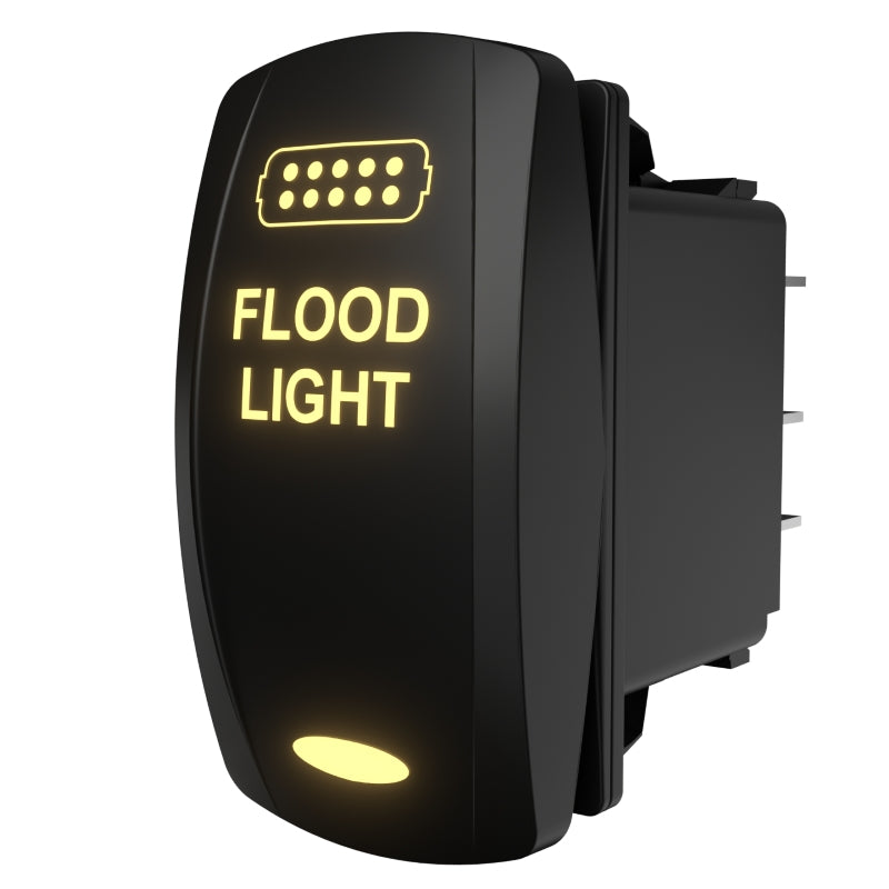 Angled side/rear view of Flood Light lit rocker switch showing glowing label, LED icon, rear terminals