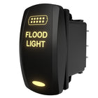 Angled side/rear view of Flood Light lit rocker switch showing glowing label, LED icon, rear terminals