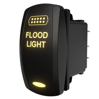 Angled side/rear view of Flood Light lit rocker switch showing glowing label, LED icon, rear terminals