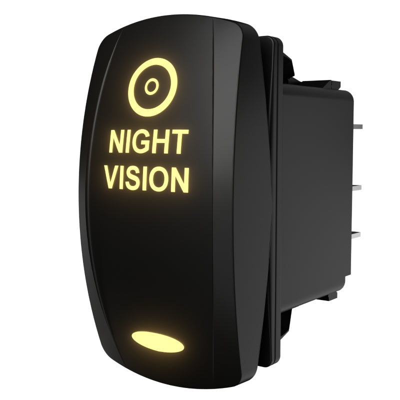 Side/rear view of illuminated "NIGHT VISION" rocker switch showing exposed electrical terminals and mounting clip