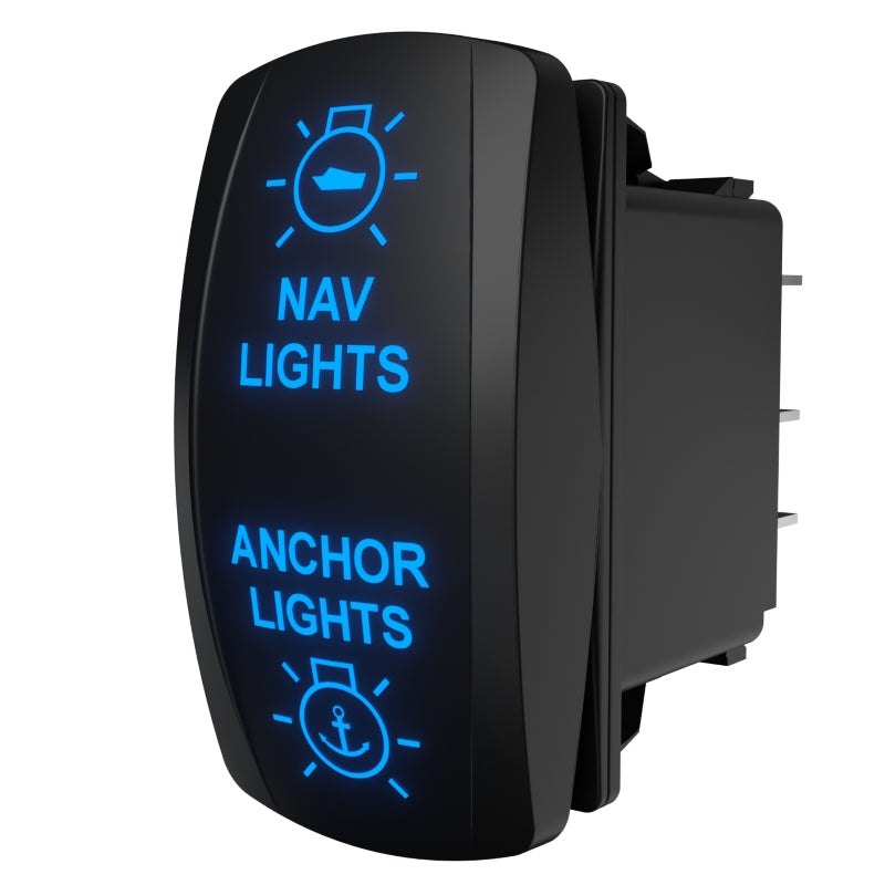 Angled view of backlit rocker switch showing blue NAV and ANCHOR LIGHTS labels and rear terminals