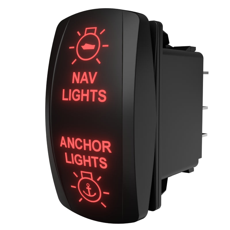 Angled rear-side view of illuminated nav/anchor rocker switch showing red backlit labels and connector pins
